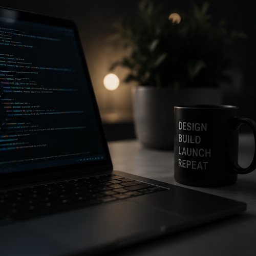A laptop mid-build beside a mug that reads design, build, launch, repeat