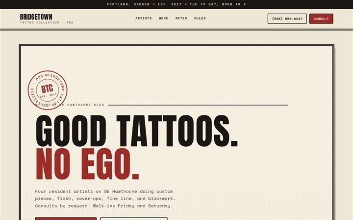 Bridgetown Tattoo Collective, an aged-paper poster-wall tattoo page with pinned flash-sheet artist cards