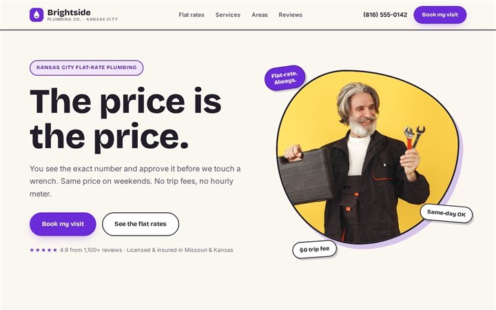 Brightside Plumbing, a loud grape-on-paper flat-rate plumbing page