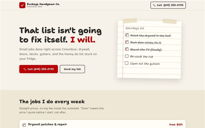 Buckeye Handyman, a warm paper-and-scarlet handyman page built around a self-checking punch list