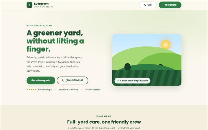 Evergreen Lawn & Landscape, a light, green landscaping landing page