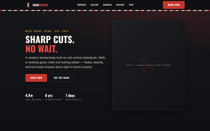 Fadehouse Barbers, a dark, bold barbershop landing page