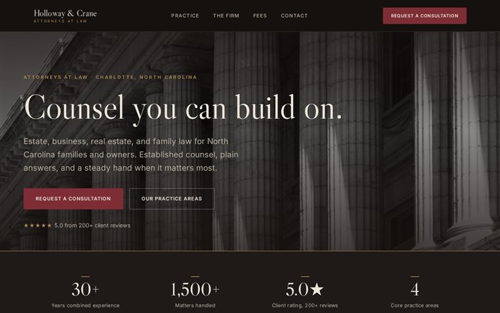 Holloway and Crane, a dark, dramatic law firm landing page