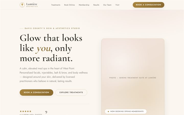 Lumière Aesthetics, a luxe, gold med-spa landing page