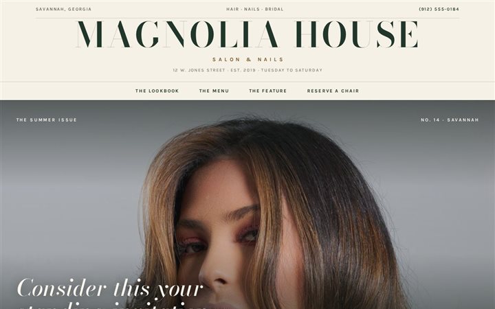 Magnolia House, an editorial magazine-style salon landing page in cream and magnolia green
