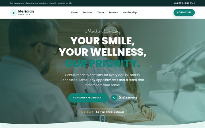Meridian Dental, a warm teal family dentistry landing page