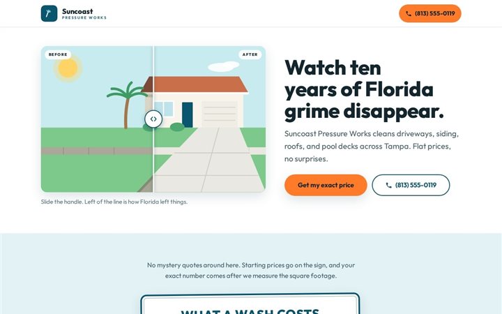 Suncoast Pressure Works, a white and Gulf-blue pressure washing page led by a split before-and-after house illustration
