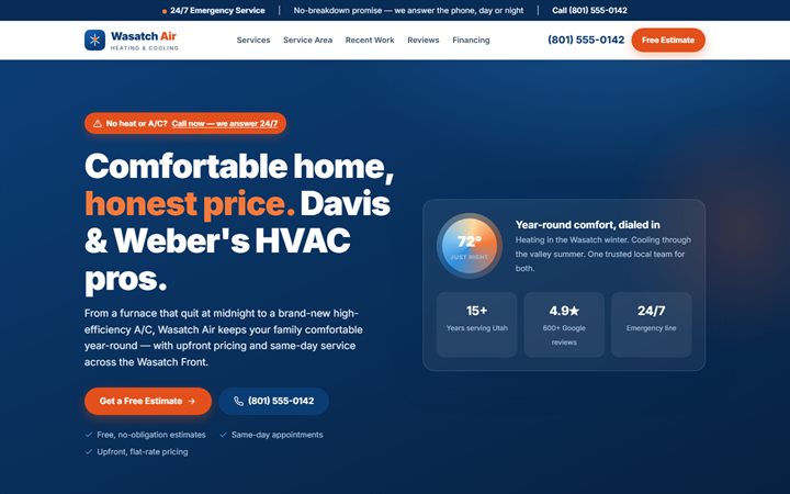Wasatch Air, a trust-blue HVAC landing page